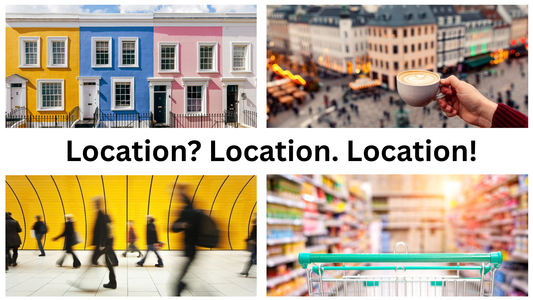 Collage of colourful houses, a coffee overlooking a city square, commuters and a supermarket trolley, with the words ‘Location? Location. Location!’