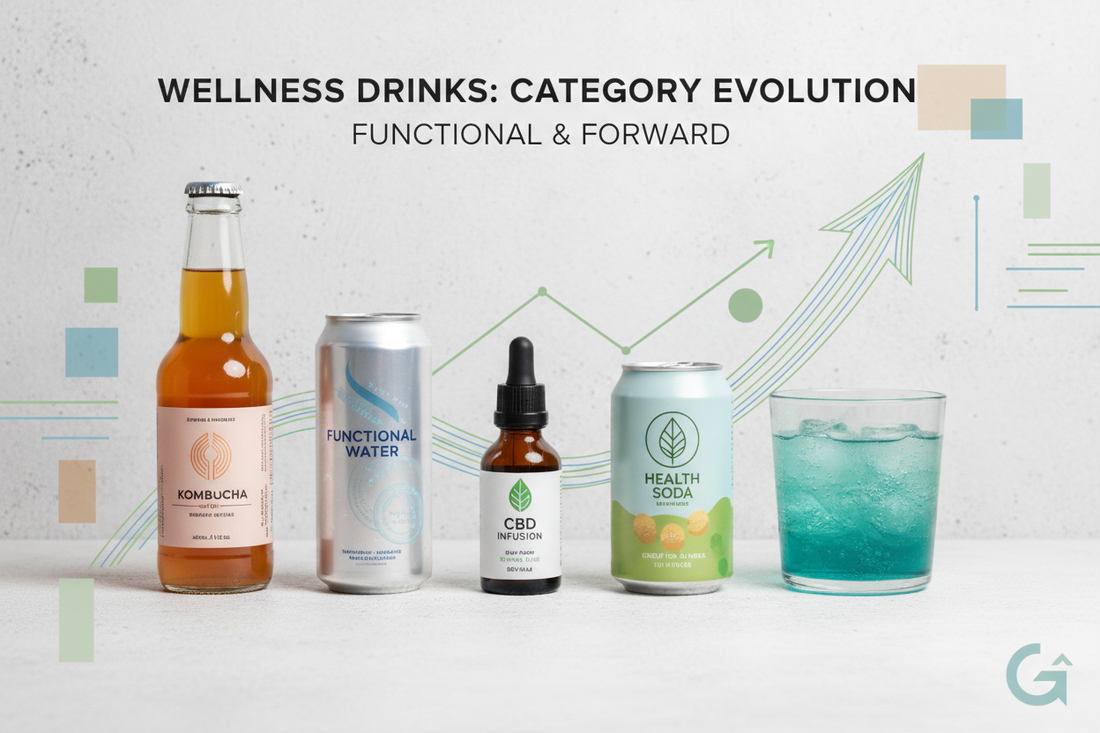 Functional and wellness drinks category evolution - kombucha, CBD drinks, and health beverages showing market growth